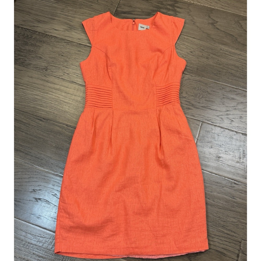 ASOS Vibrant Coral Linen Blend Dress Size 6 Sheath Cap Sleeve‎